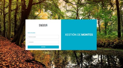 Pantalla de inicio de sesión de la aplicación Sinexria para la gestión de montes, con fondo de bosque otoñal y un estanque reflejando los árboles. El formulario incluye campos para nombre de usuario y contraseña, y un botón azul que dice 'Entrar'. A la derecha, un panel azul con el texto 'Xestión de Montes'.