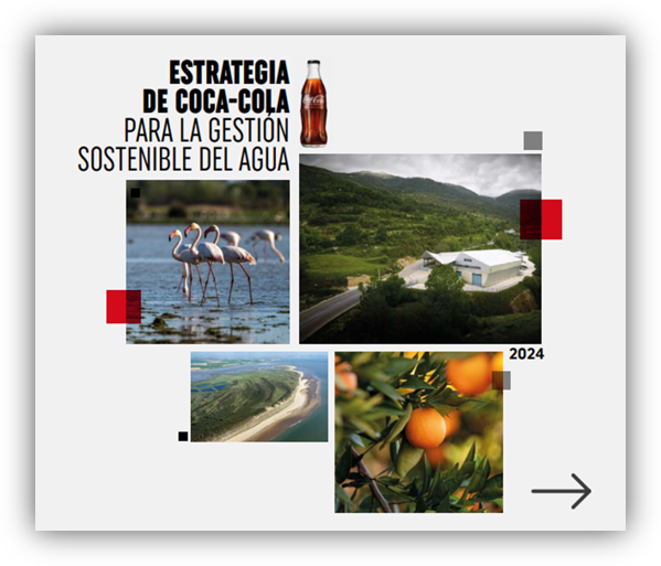 Imagen con el título ‘Estrategia de Coca‑Cola para la gestión sostenible del agua’, acompañado de una botella ilustrada. Debajo se muestran cuatro fotografías: un grupo de flamencos en el agua, una planta industrial rodeada de montañas, una vista aérea de una franja costera y un primer plano de naranjas en un árbol.