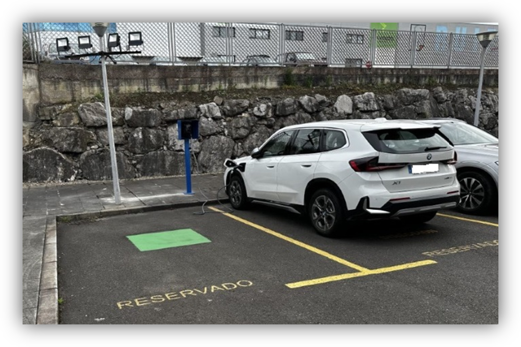 Coche blanco cargando en una plaza de aparcamiento reservada con punto de carga eléctrica