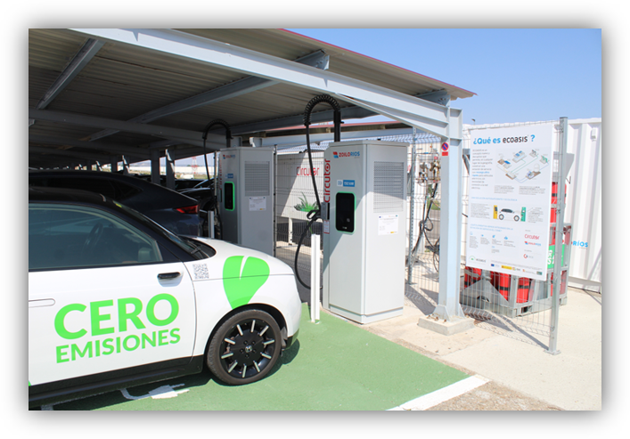 Coche eléctrico con el mensaje ‘Cero emisiones’ estacionado en un punto de carga cubierto, junto a cargadores eléctricos y un cartel informativo.