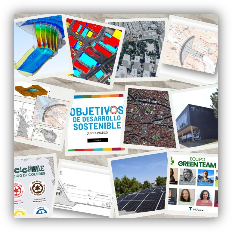 Collage de imágenes sobre sostenibilidad: análisis urbano, planos técnicos, energías renovables, reciclaje, edificios y referencia a los Objetivos de Desarrollo Sostenible.
