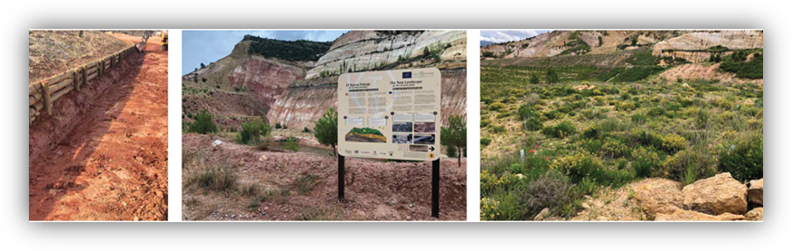 Tres imágenes de un entorno natural: una zanja con refuerzos de madera, un cartel informativo en un paisaje rocoso y una zona de vegetación natural en terreno árido
