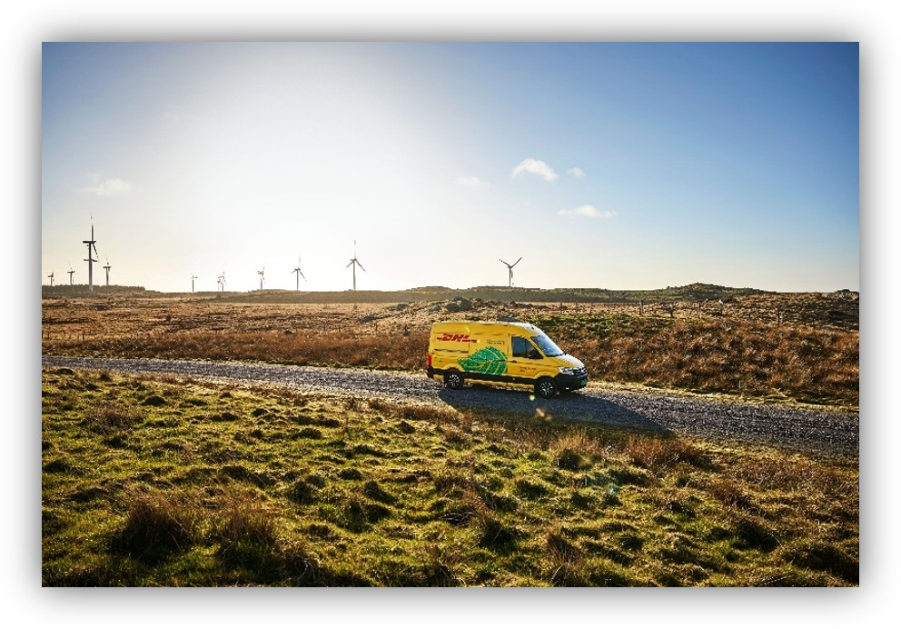Furgoneta de reparto amarilla circulando por un camino rural con aerogeneradores al fondo.
