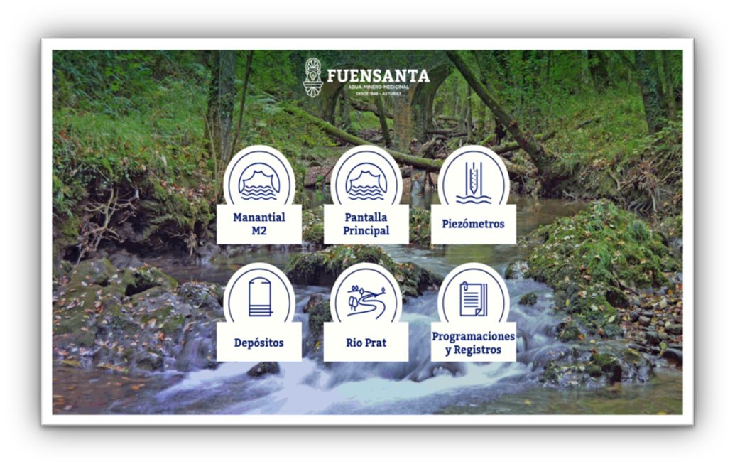 Imagen informativa de Fuensanta que muestra un entorno natural con iconos de control del agua: manantial, pantalla principal, piezómetros, depósitos, río Prat y registros.