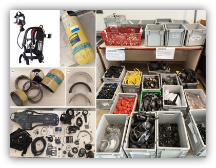 Conjunto de equipos y componentes técnicos organizados en cajas, con piezas, herramientas y materiales industriales.