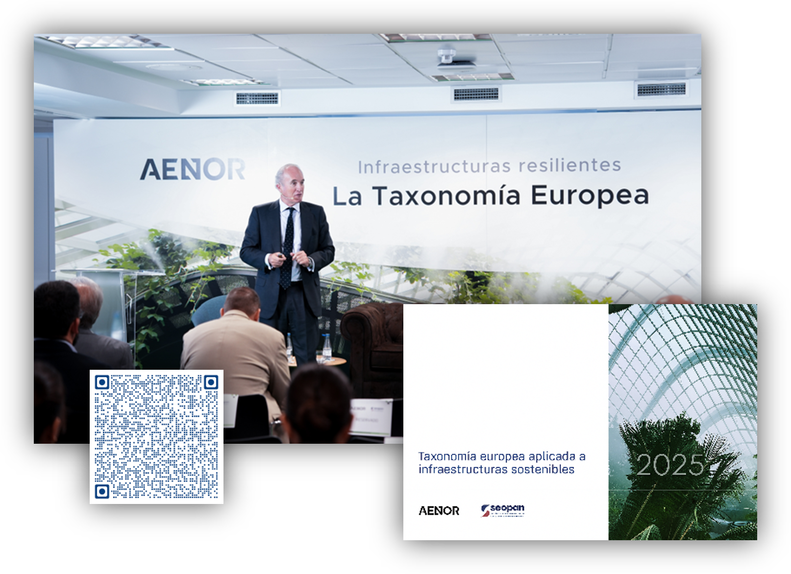 Persona exponiendo en una jornada sobre la Taxonomía Europea ante un público, con un fondo informativo de AENOR y material gráfico del evento.