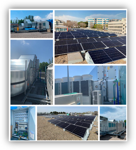 Conjunto de imágenes de instalaciones energéticas con paneles solares en cubiertas, equipos técnicos, sistemas eléctricos y climatización en entornos industriales.
