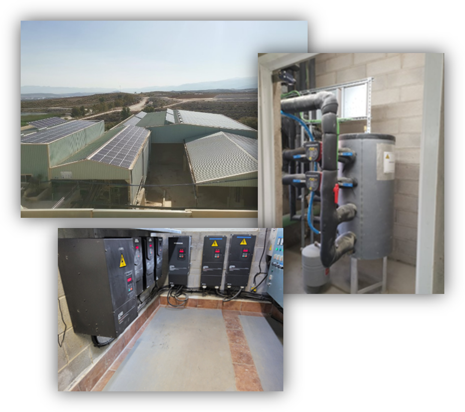 Conjunto de imágenes de instalaciones industriales con paneles solares en cubiertas, sistemas eléctricos y equipos de tratamiento con tuberías