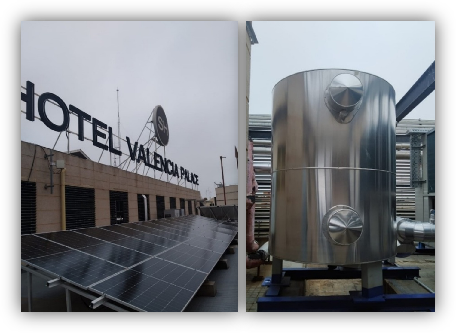 Paneles solares instalados en la azotea del Hotel Valencia Palace y, a la derecha, un depósito industrial metálico con tuberías.