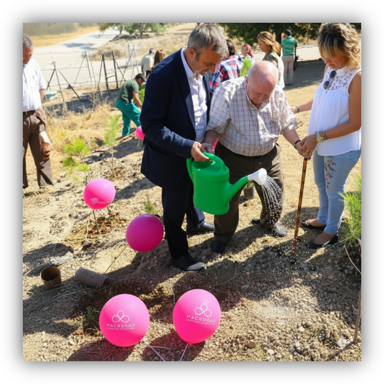 Personas participan en una actividad de plantación de árboles, regando un plantón en un entorno natural con globos rosas alrededor.