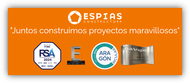 Banner corporativo de Espías Constructora con el lema ‘Juntos construimos proyectos maravillosos’ y varios sellos y reconocimientos empresariales.