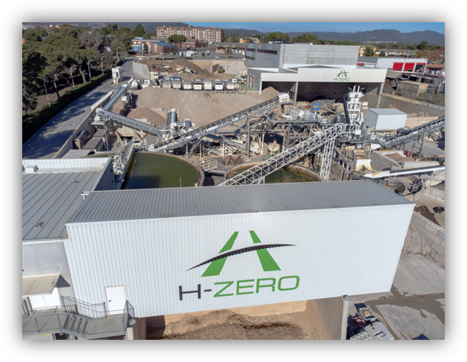 Vista aérea de una planta industrial de reciclaje y tratamiento de materiales, con cintas transportadoras, maquinaria y edificios identificados con la marca H‑ZERO.