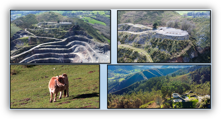 Composición de imágenes de una explotación minera restaurada, con bancales en una ladera, zonas revegetadas, una vaca pastando y un paisaje montañoso con vegetación.