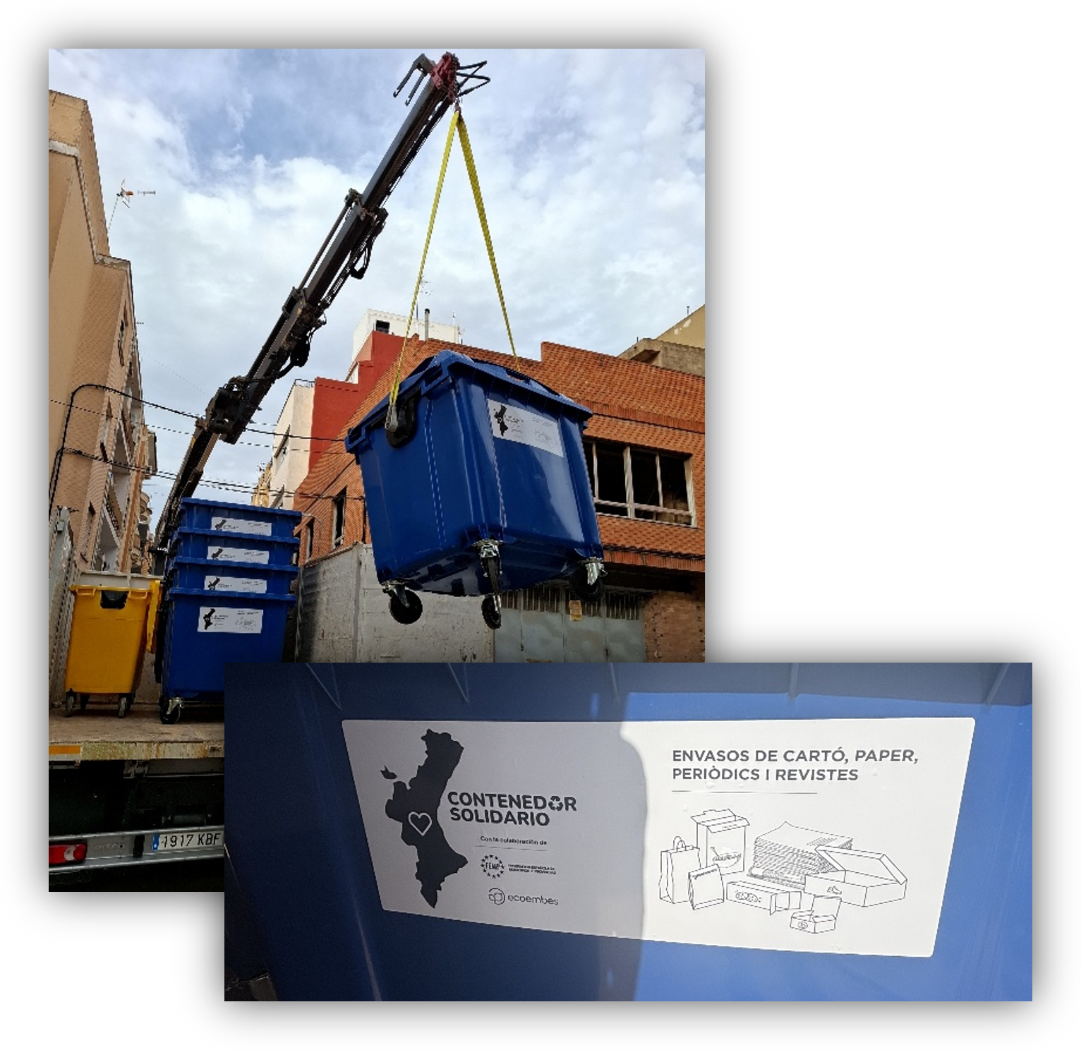 Contenedor azul solidario para la recogida de papel y cartón, siendo descargado por una grúa y mostrado con su etiqueta informativa.