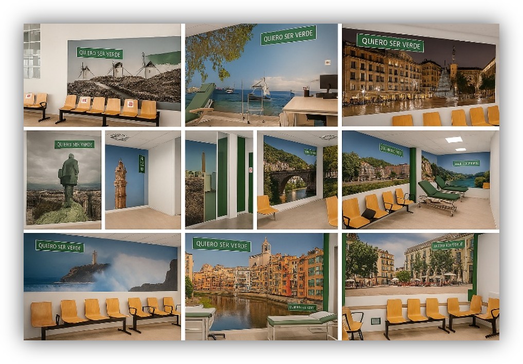 Sala de espera de un centro sanitario decorada con grandes fotografías de paisajes y ciudades bajo el lema "Quiero ser verde".