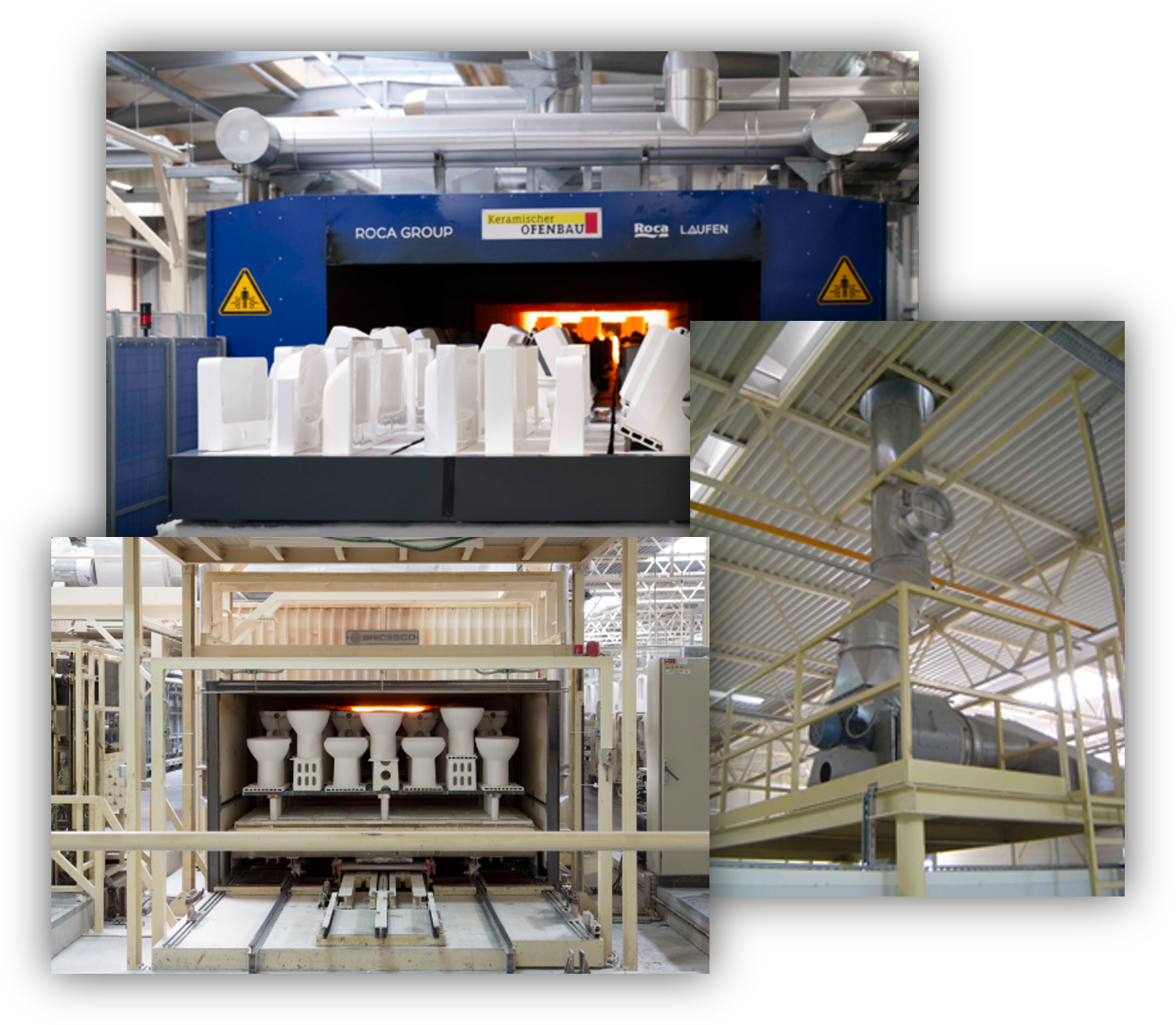 Instalaciones industriales de fabricación de sanitarios cerámicos con hornos, sistemas de recuperación energética y equipos de producción.