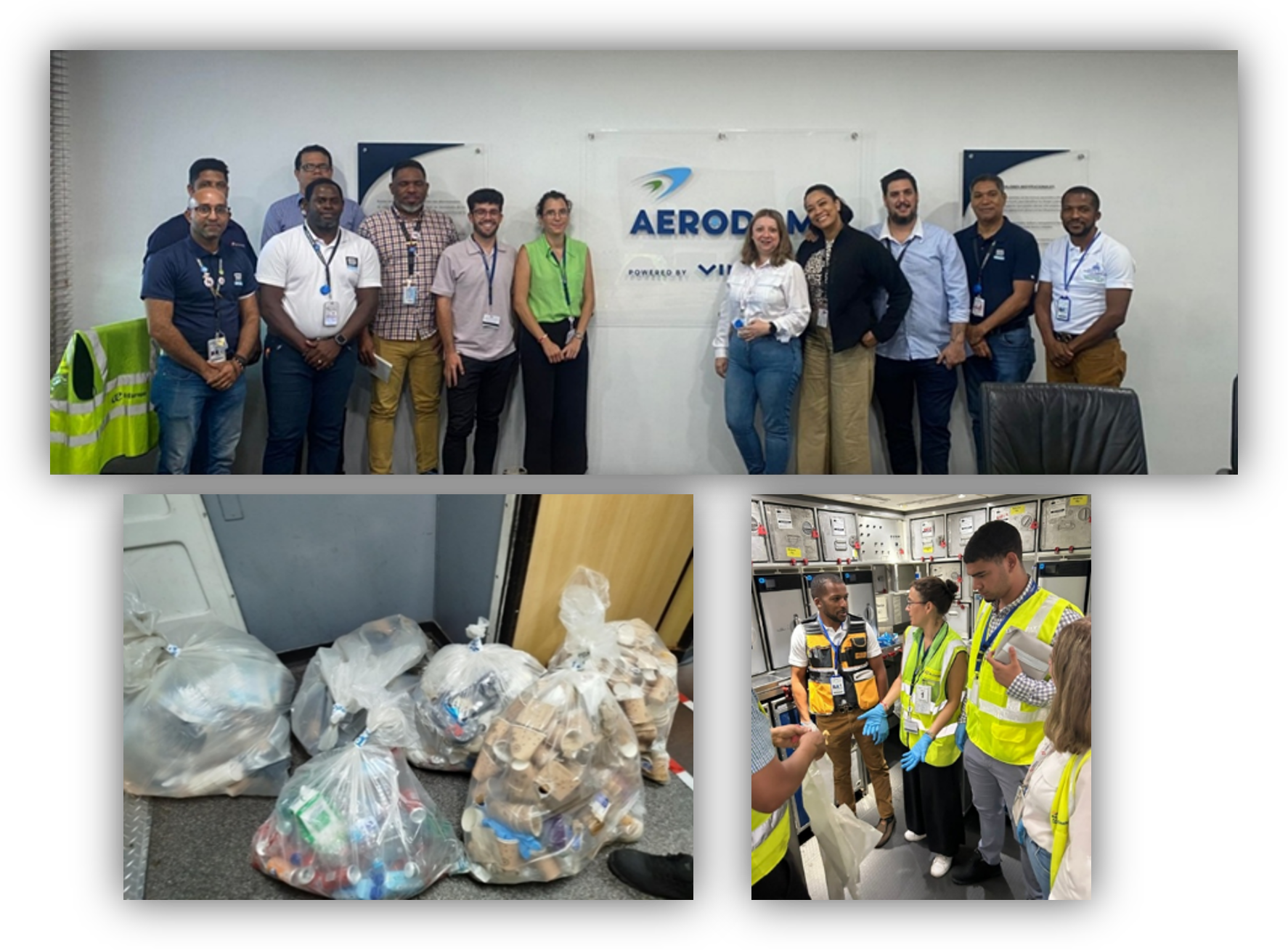 Imágenes de una jornada de sostenibilidad en Aerodom, con personal participante, materiales reciclables recogidos y recorrido por áreas operativas de las instalaciones.