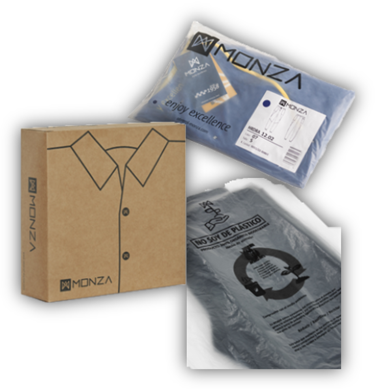 Caja de cartón para prenda de vestir Monza junto a dos prendas empaquetadas en bolsas transparentes reciclables.