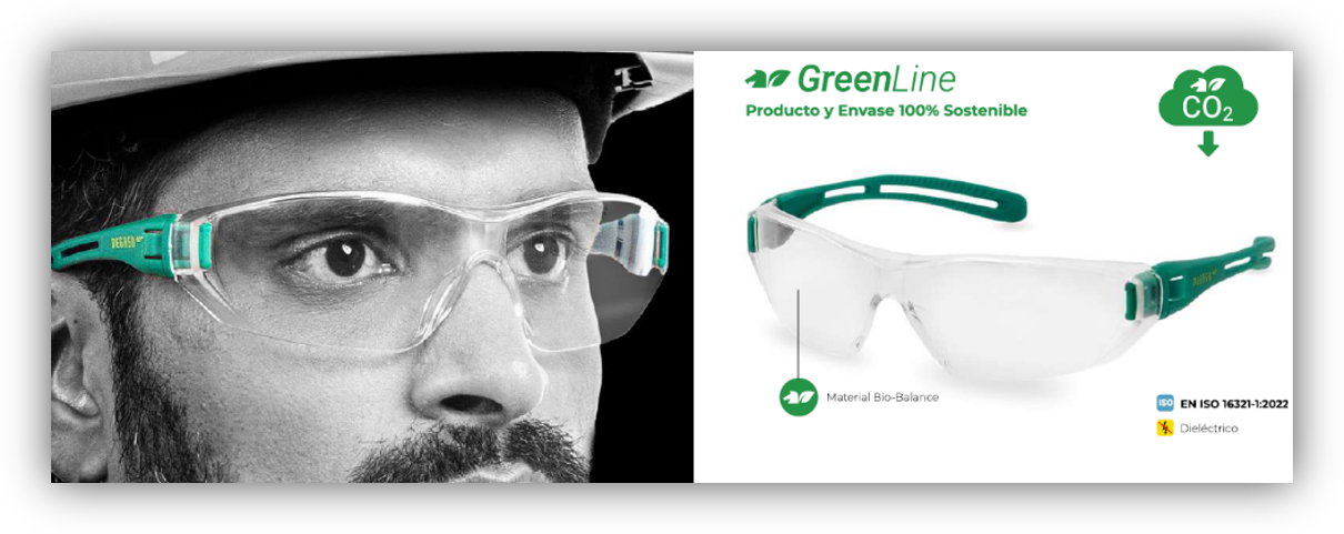 Persona con gafas de protección GreenLine y detalle del modelo fabricado con materiales sostenibles.