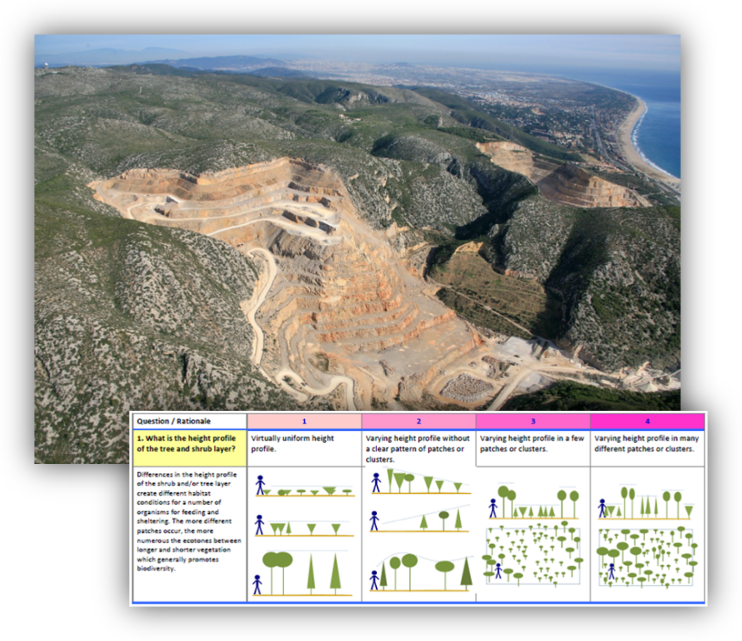 Vista aérea de una cantera rodeada de zonas naturales junto a un gráfico sobre evaluación de biodiversidad y vegetación.