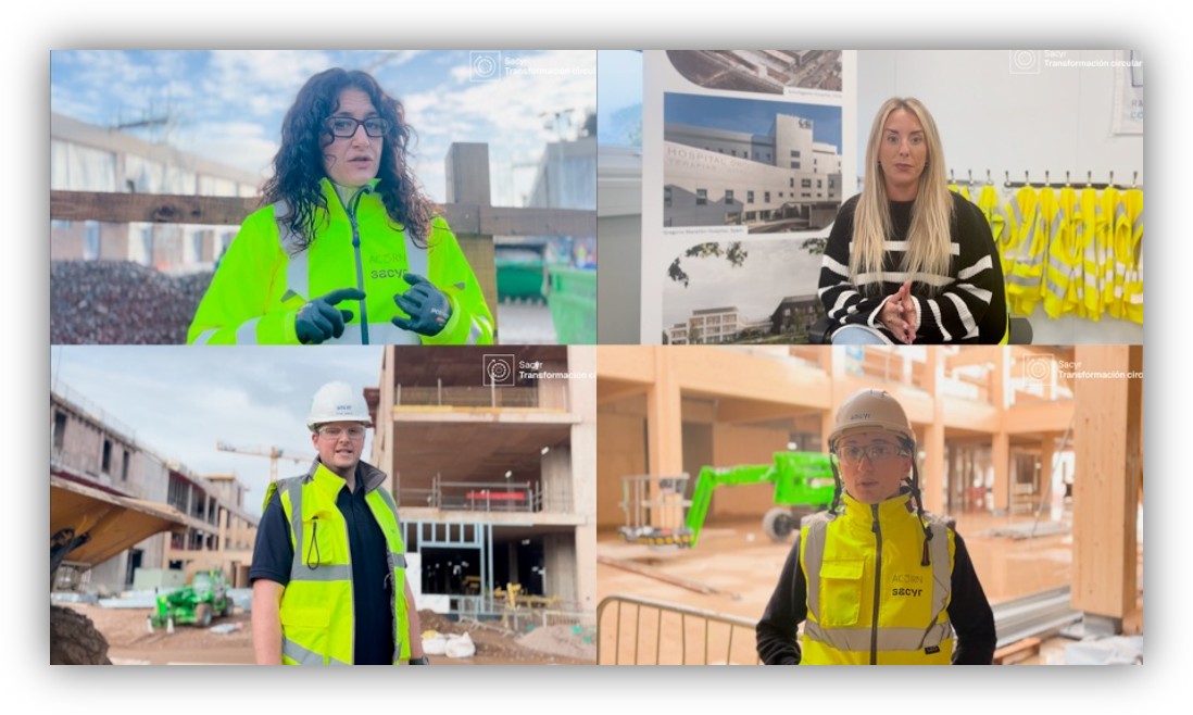 Composición de cuatro imágenes con profesionales de Sacyr en obras y oficinas, equipados con chalecos y cascos de seguridad, explicando iniciativas de construcción sostenible y economía circular.