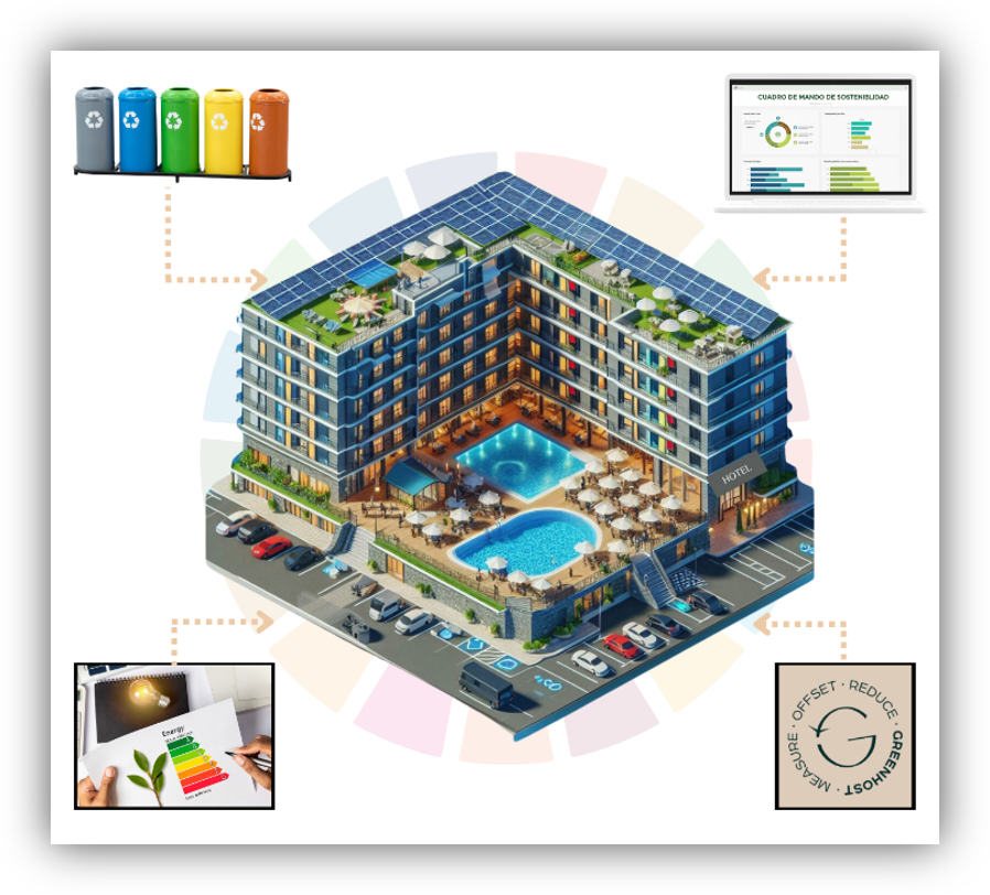 Ilustración de un hotel con paneles solares, piscina y zonas verdes, acompañada de iconos sobre reciclaje, eficiencia energética y seguimiento de indicadores de sostenibilidad.