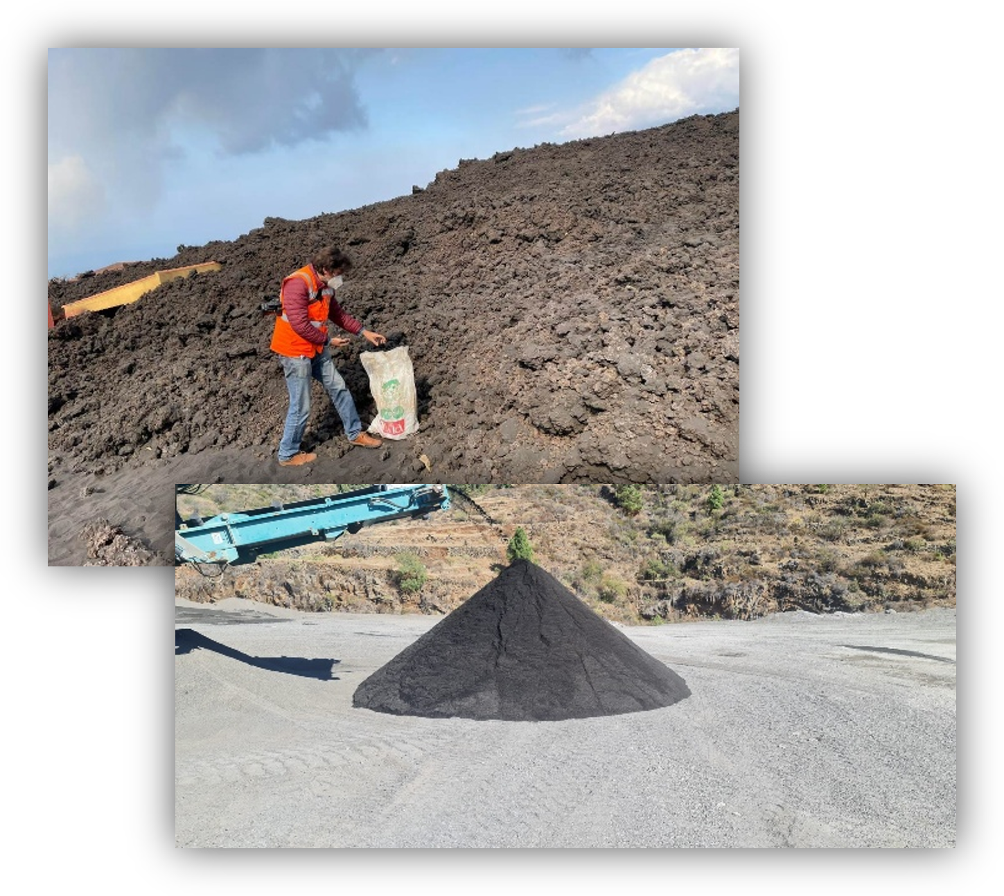 Composición de imágenes con una persona recogiendo muestras en una zona cubierta por material volcánico y una pila de áridos oscuros procesados en una instalación industrial.