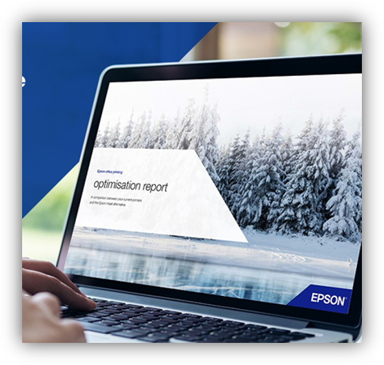 Ordenador portátil mostrando un informe de optimización con una imagen de un paisaje nevado y la marca Epson en la pantalla.