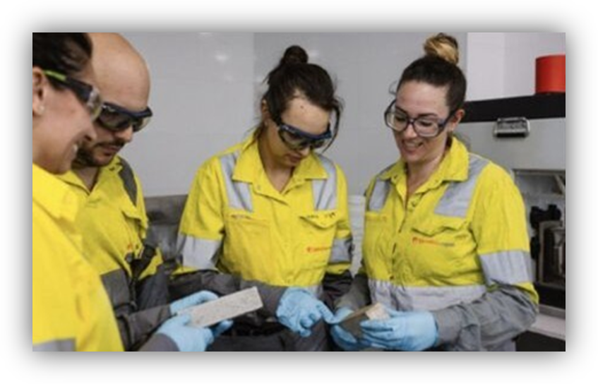 Cuatro personas con ropa de protección de alta visibilidad, gafas de seguridad y guantes examinan varias muestras en un laboratorio.