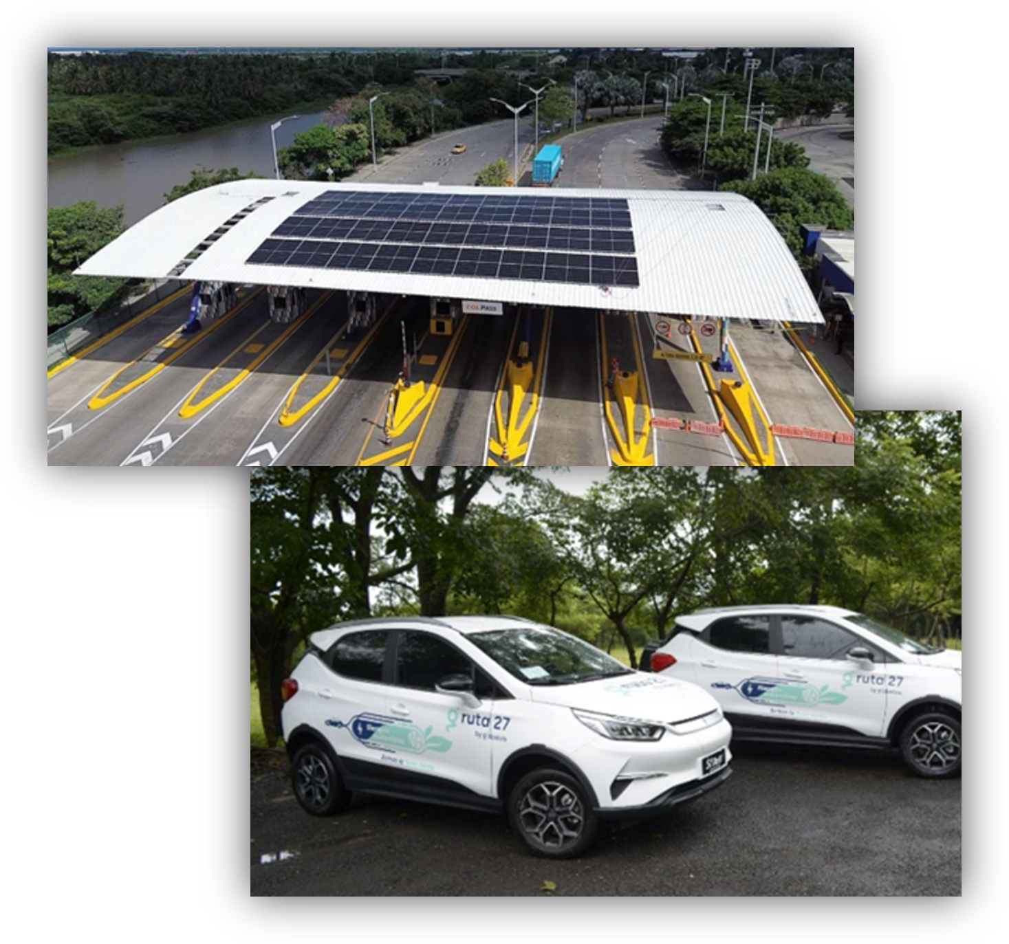 Composición de imágenes con una estación de peaje equipada con paneles solares en la cubierta y dos vehículos eléctricos corporativos estacionados en una zona arbolada.