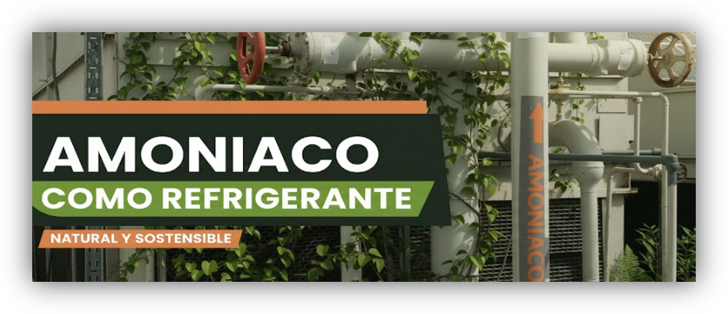 Instalación industrial con tuberías y vegetación, acompañada del mensaje sobre el uso de amoníaco como refrigerante natural y sostenible.
