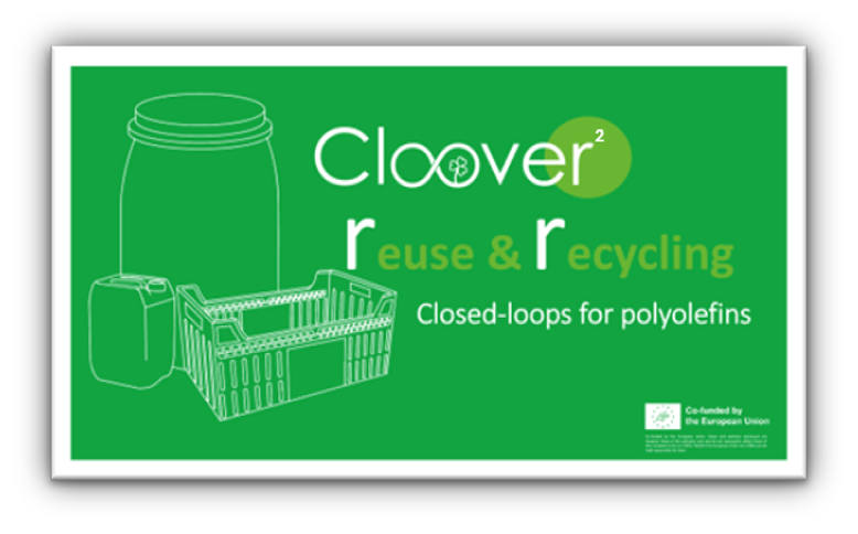Cartel informativo del proyecto Cloover² sobre reutilización y reciclaje de poliolefinas, con ilustraciones de envases y una caja de plástico reciclable.