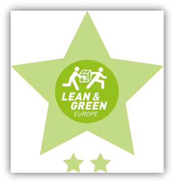 Distintivo Lean & Green Europe con dos estrellas y un icono de colaboración para el reciclaje y la sostenibilidad.
