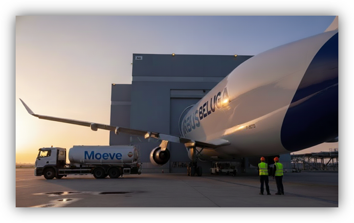 Avión Airbus Beluga estacionado junto a un camión cisterna de Moeve en una plataforma aeroportuaria, con personal y un hangar al fondo durante el atardecer.