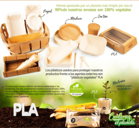 Imagen promocional de envases ecológicos de la marca Viena Capellanes. Se muestran diferentes tipos de envases y utensilios fabricados con materiales vegetales: papel, madera, cartón y plástico vegetal PLA. Los objetos incluyen bandejas, vasos, cajas y cubiertos. El texto indica que el 90% de los envases son 100% vegetales y que los plásticos utilizados son PLA, un material compostable. En la parte inferior hay mazorcas de maíz, una planta joven y un envase de sándwich, destacando el compromiso con el cuida