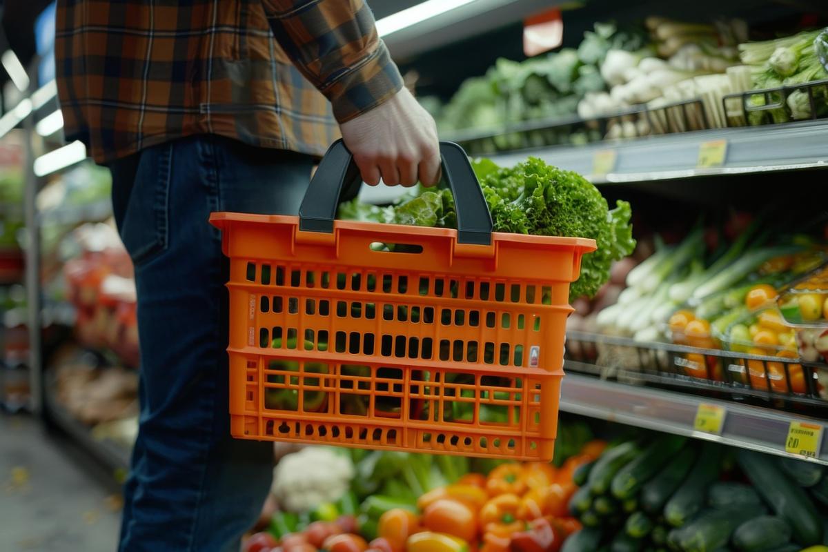 Hombre con cesta comprando en sección de fruta y verdura en un supermercado