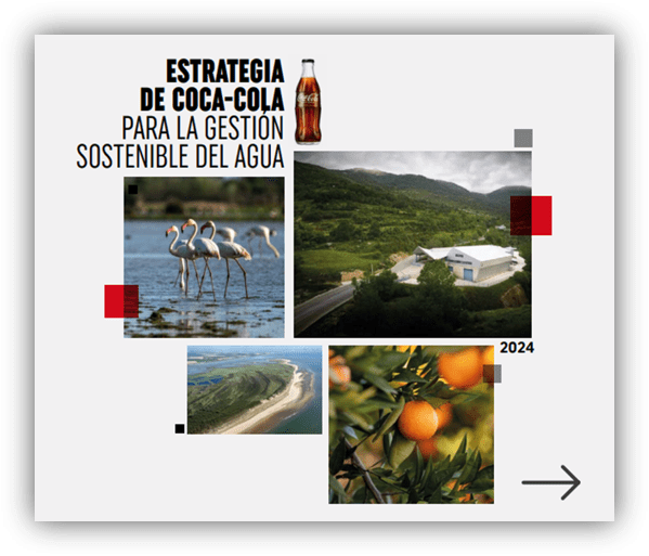 Imagen con el título ‘Estrategia de Coca‑Cola para la gestión sostenible del agua’, acompañado de una botella ilustrada. Debajo se muestran cuatro fotografías: un grupo de flamencos en el agua, una planta industrial rodeada de montañas, una vista aérea de una franja costera y un primer plano de naranjas en un árbol.