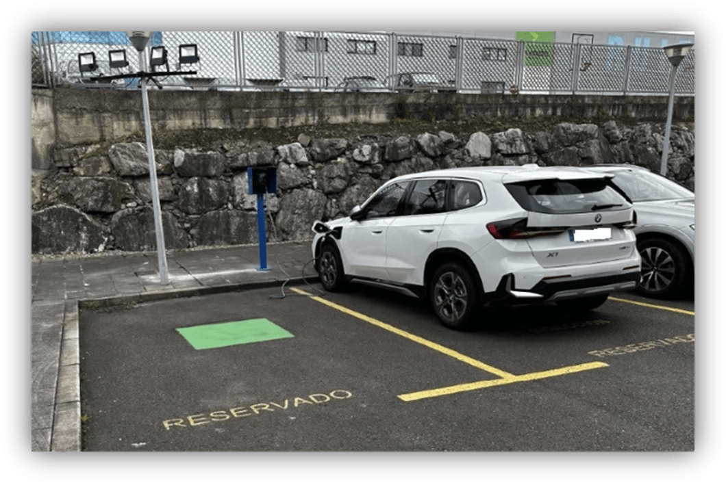 Coche blanco cargando en una plaza de aparcamiento reservada con punto de carga eléctrica