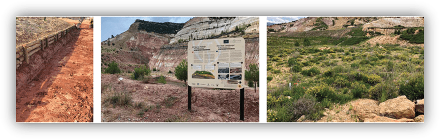 Tres imágenes de un entorno natural: una zanja con refuerzos de madera, un cartel informativo en un paisaje rocoso y una zona de vegetación natural en terreno árido