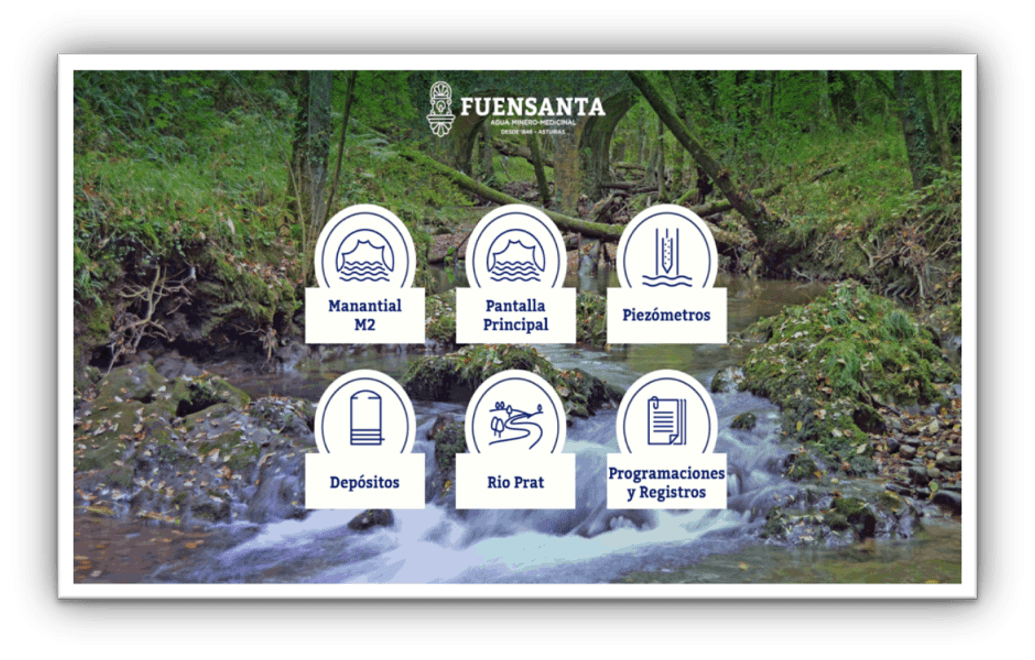 Imagen informativa de Fuensanta que muestra un entorno natural con iconos de control del agua: manantial, pantalla principal, piezómetros, depósitos, río Prat y registros.