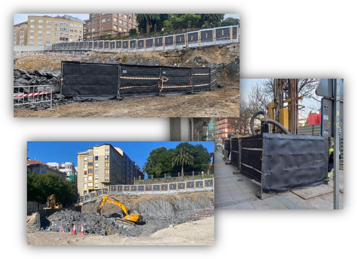 Obras de excavación en un entorno urbano con maquinaria, vallado de seguridad y sistemas de protección en el terreno.