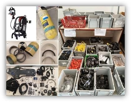 Conjunto de equipos y componentes técnicos organizados en cajas, con piezas, herramientas y materiales industriales.