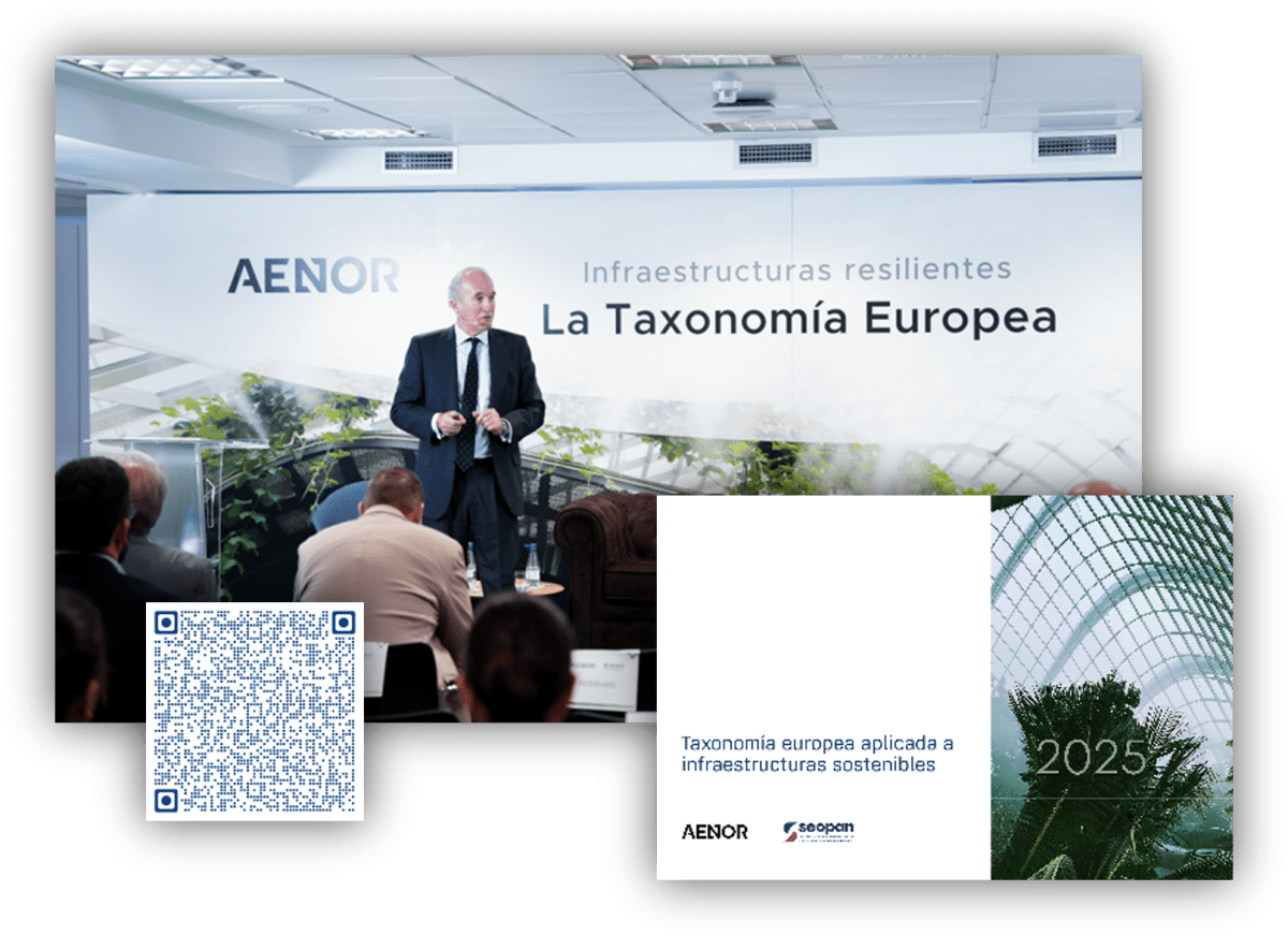 Persona exponiendo en una jornada sobre la Taxonomía Europea ante un público, con un fondo informativo de AENOR y material gráfico del evento.