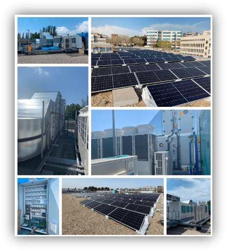 Conjunto de imágenes de instalaciones energéticas con paneles solares en cubiertas, equipos técnicos, sistemas eléctricos y climatización en entornos industriales.