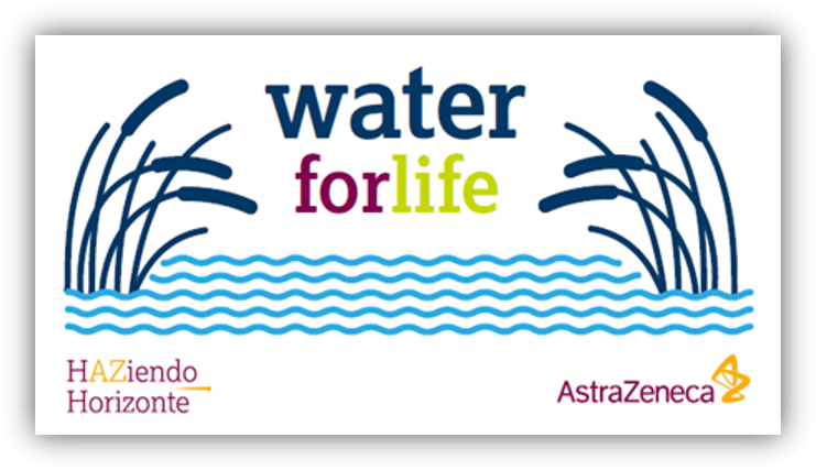Logotipo con el lema ‘water for life’ sobre ondas de agua, acompañado de referencias a HAZiendo Horizonte y AstraZeneca.