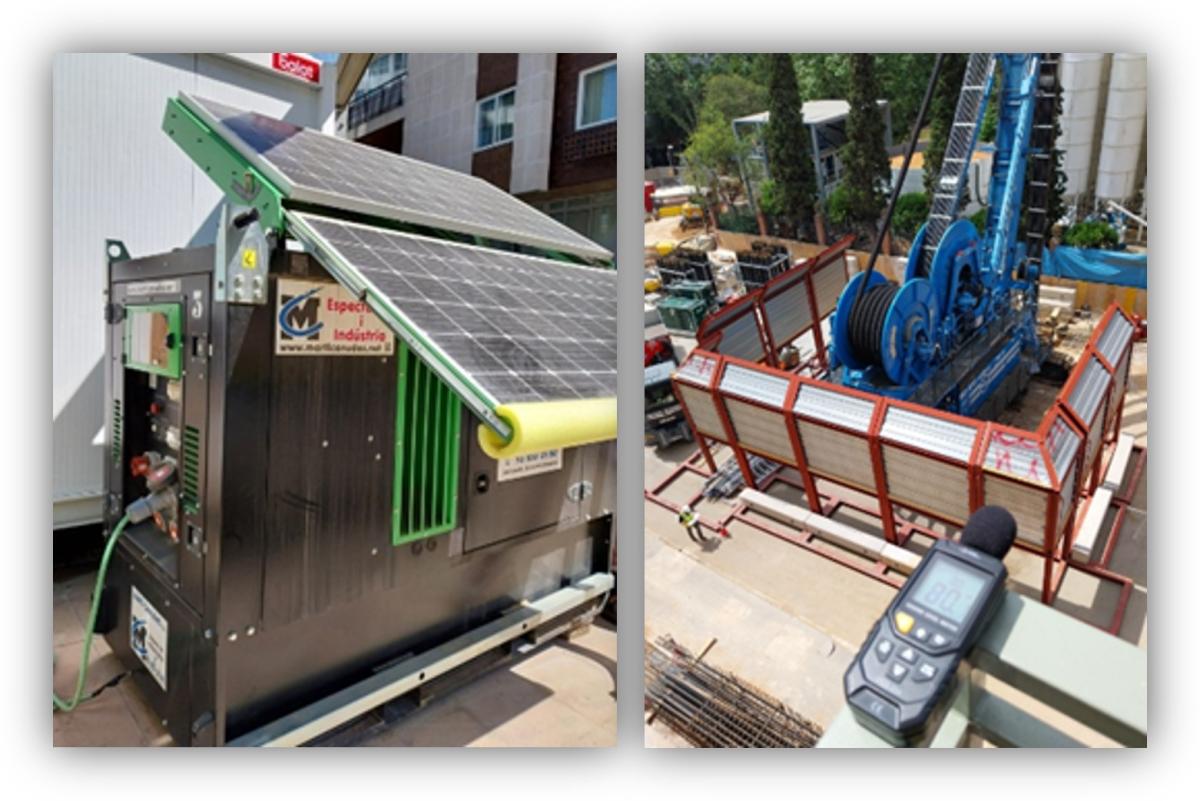 Equipo industrial con paneles solares instalado en exterior y, a la derecha, maquinaria de obra con sistema de medición en una zona de construcción.