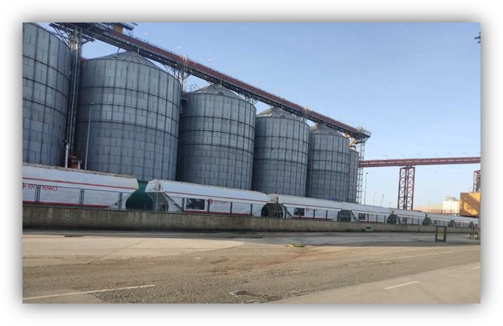 Grandes silos industriales metálicos alineados con una cinta transportadora en una planta exterior.