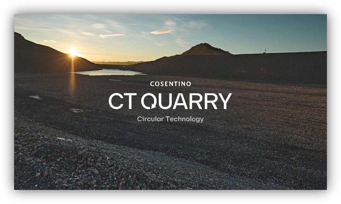 Paisaje de cantera al atardecer con el texto ‘CT Quarry Circular Technology’ de Cosentino sobreimpreso en la imagen