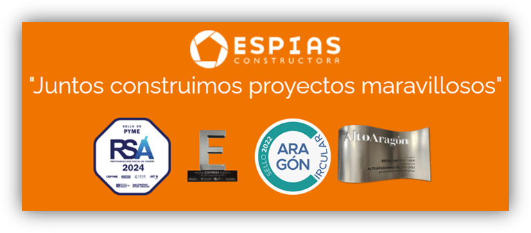 Banner corporativo de Espías Constructora con el lema ‘Juntos construimos proyectos maravillosos’ y varios sellos y reconocimientos empresariales.