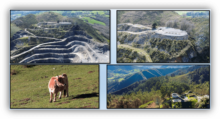 Composición de imágenes de una explotación minera restaurada, con bancales en una ladera, zonas revegetadas, una vaca pastando y un paisaje montañoso con vegetación.